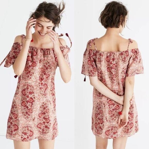 Madewell Silk Cold-Shoulder Dress Paisley Print Women's Medium Tie Strap Floral - Picture 1 of 8